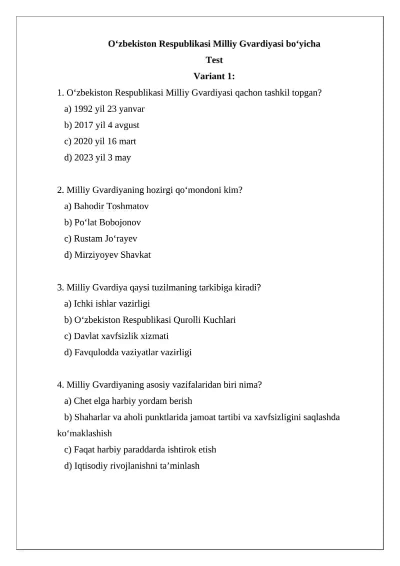 O‘zbekiston Respublikasi Milliy Gvardiyasi Test Variant 1