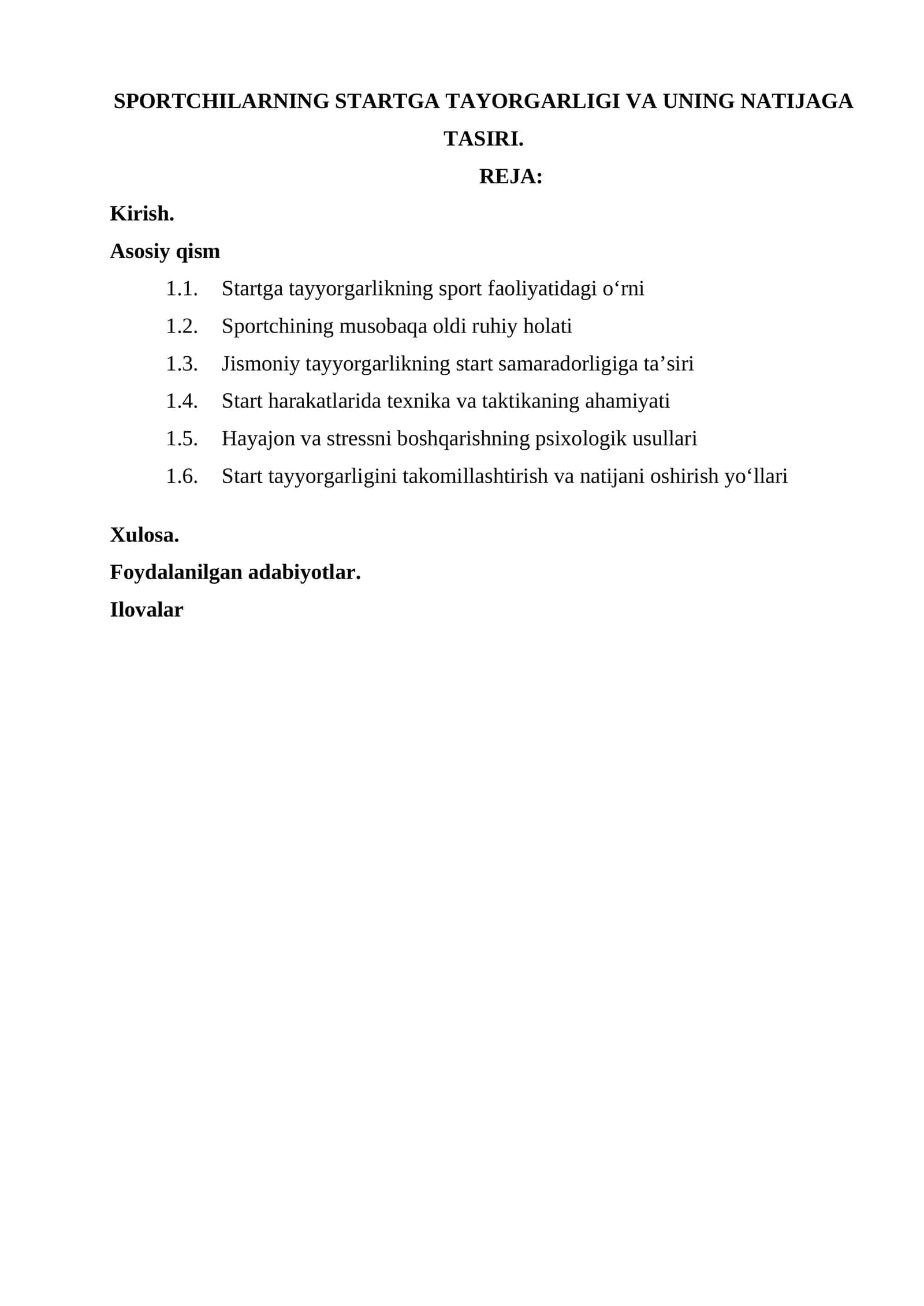 SPORTCHILARNING STARTGA TAYORGARLIGI VA UNING NATIJAGA TASIRI