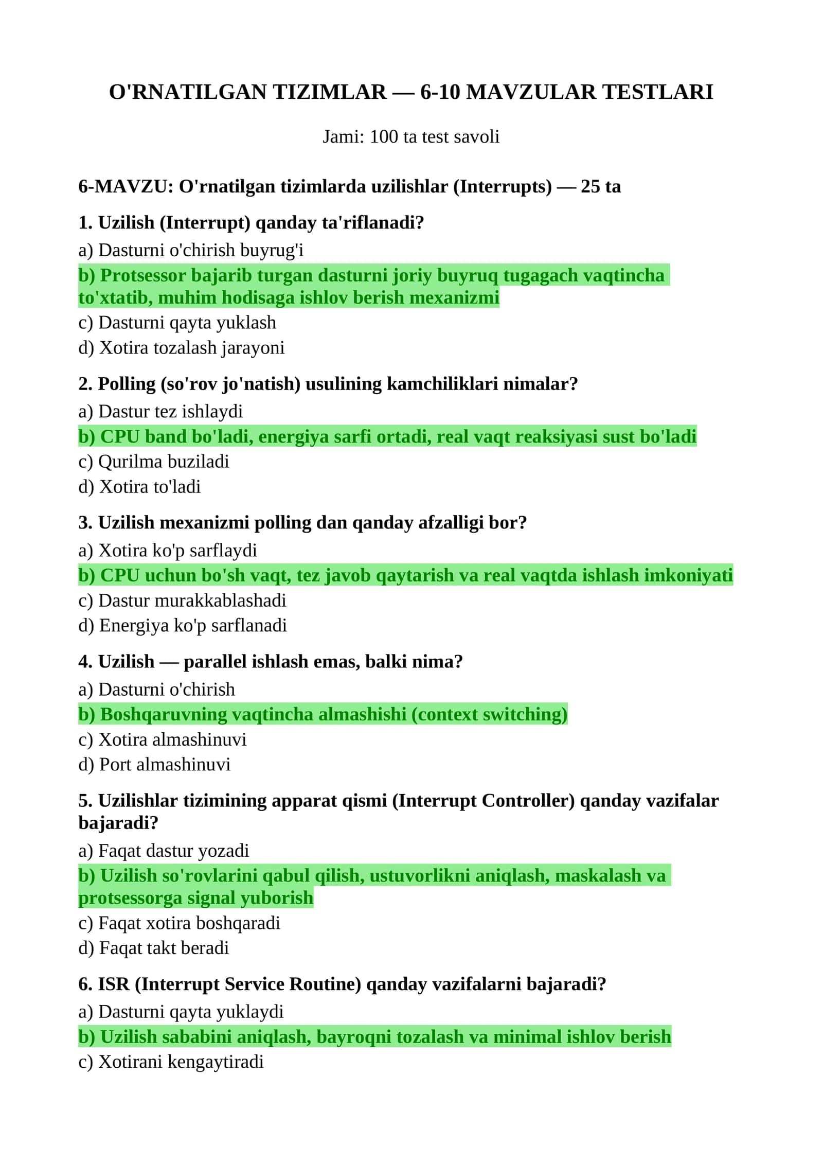 O'RNATILGAN TIZIMLAR — 6-10 MAVZULAR TESTLARI