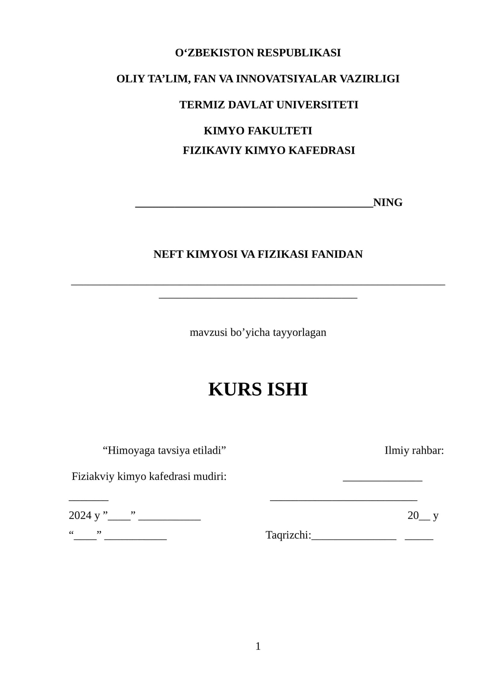 NEFT KIMYOSI VA FIZIKASI FANIDAN KURS ISHI