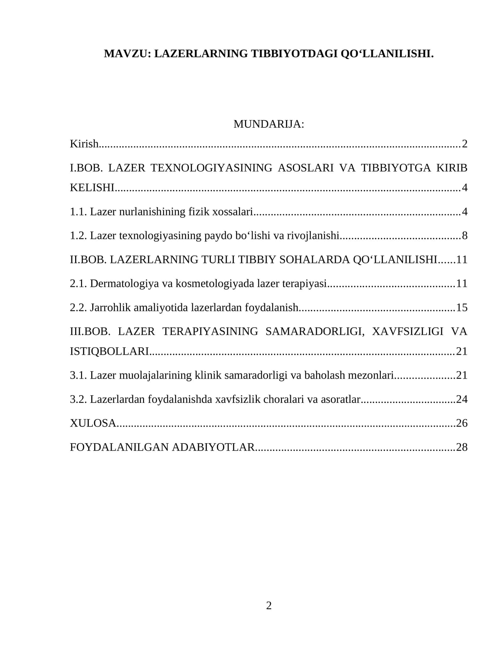 LAZERLARNING TIBBIYOTDAGI QOʻLLANILISHI