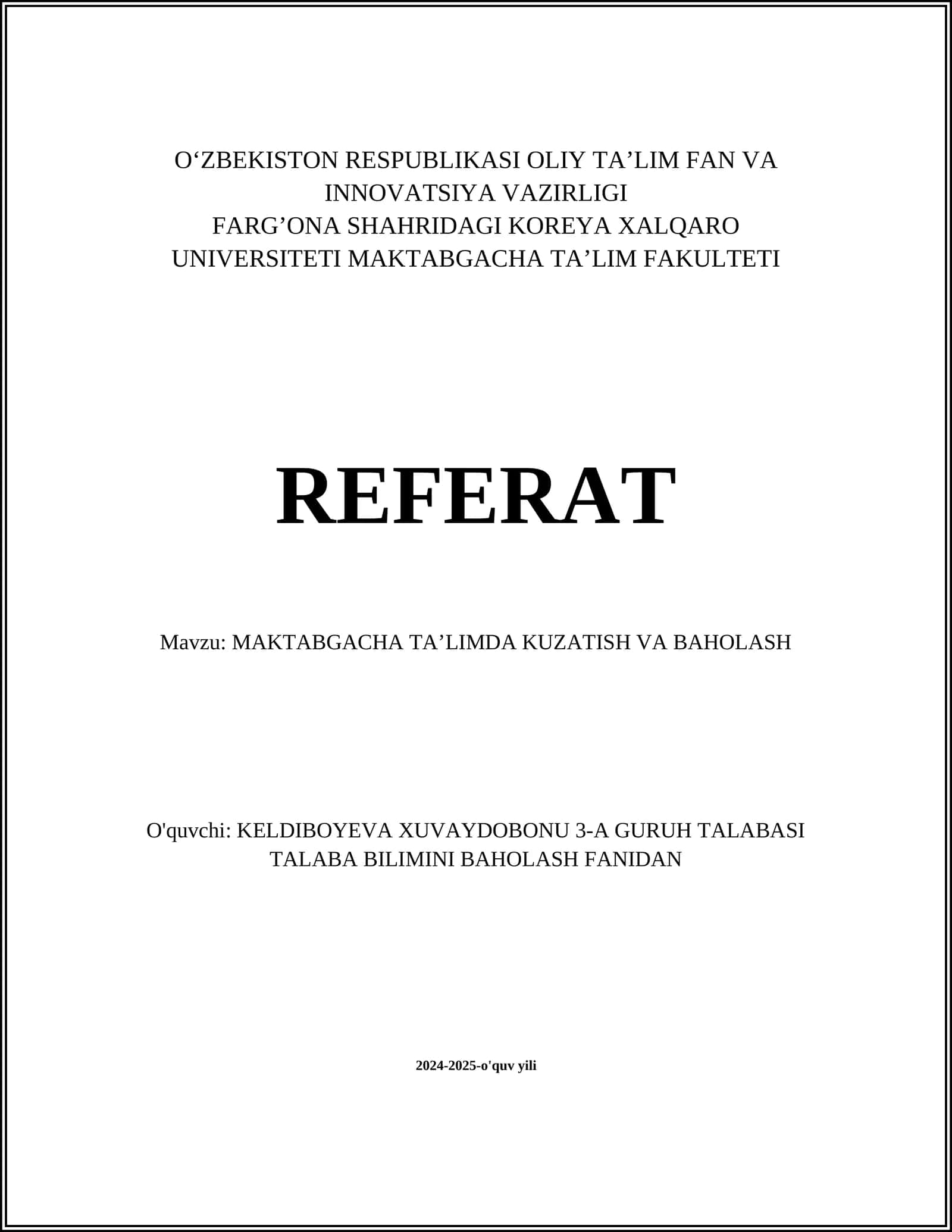 MAKTABGACHA TA'LIMDA KUZATISH VA BAHOLASH