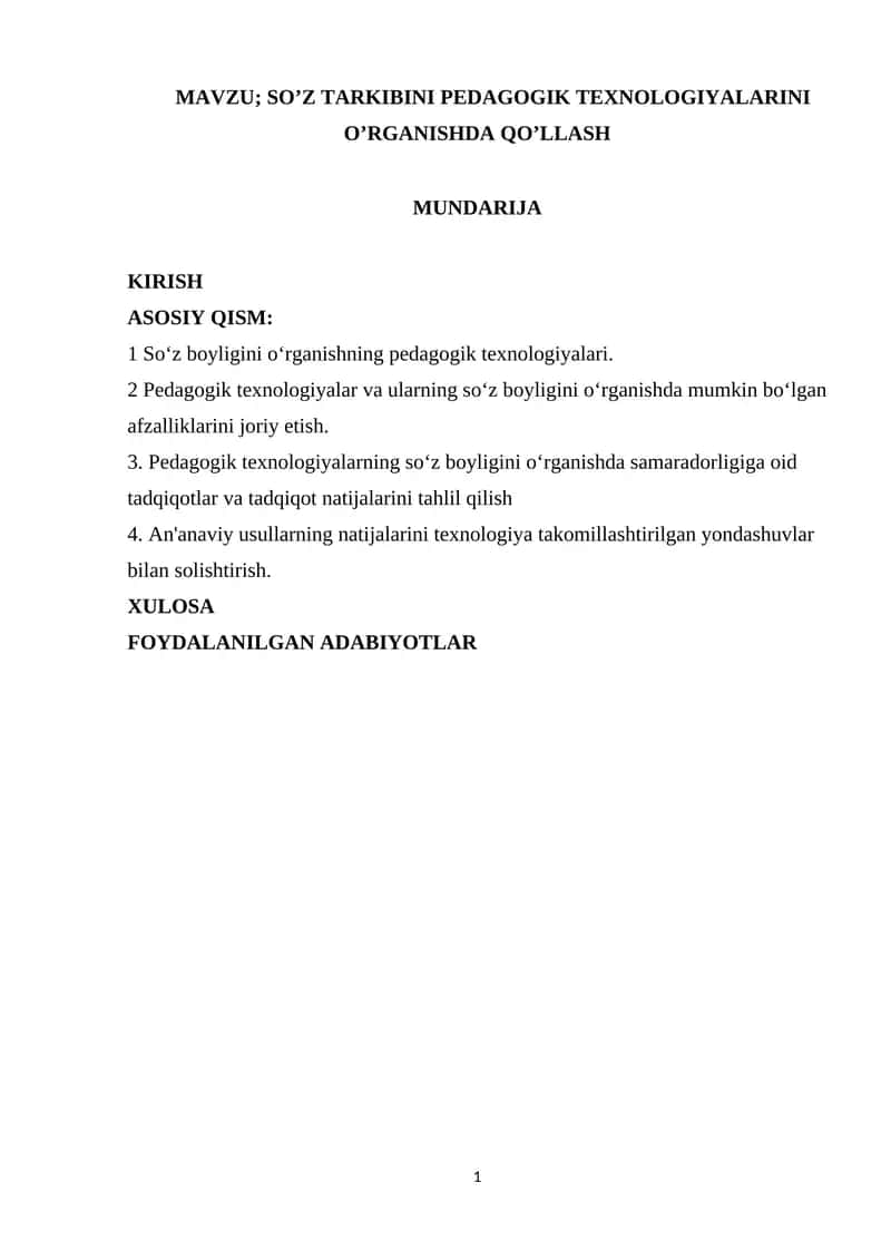 SO’Z TARKIBINI PEDAGOGIK TEXNOLOGIYALARINI O’RGANISHDA QO’LLASH