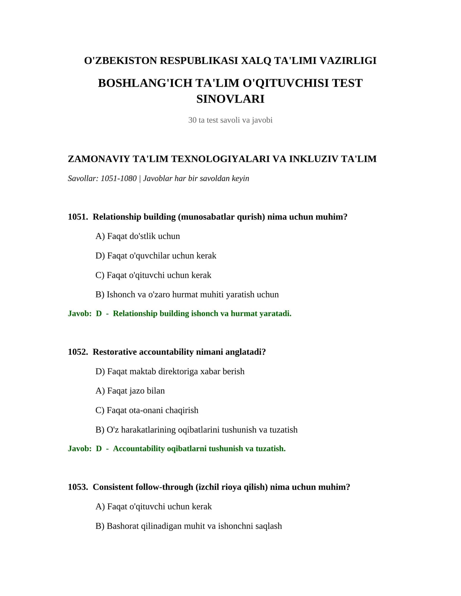 BOSHLANG'ICH TA'LIM O'QITUVCHISI TEST SINOVLARI