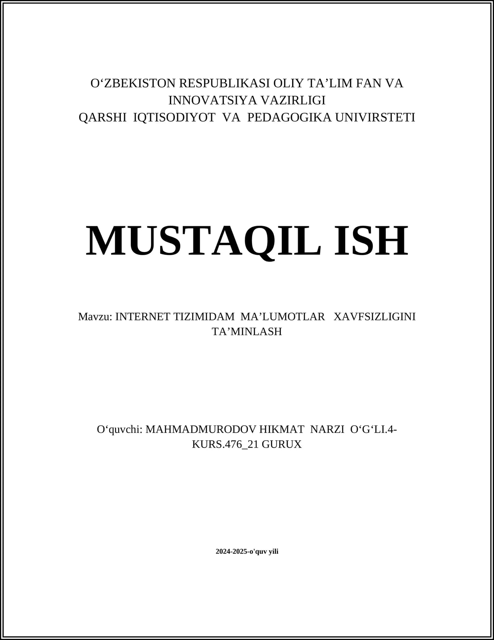 INTERNET TIZIMIDAM MAʼLUMOTLAR XAVFSIZLIGINI TAʼMINLASH