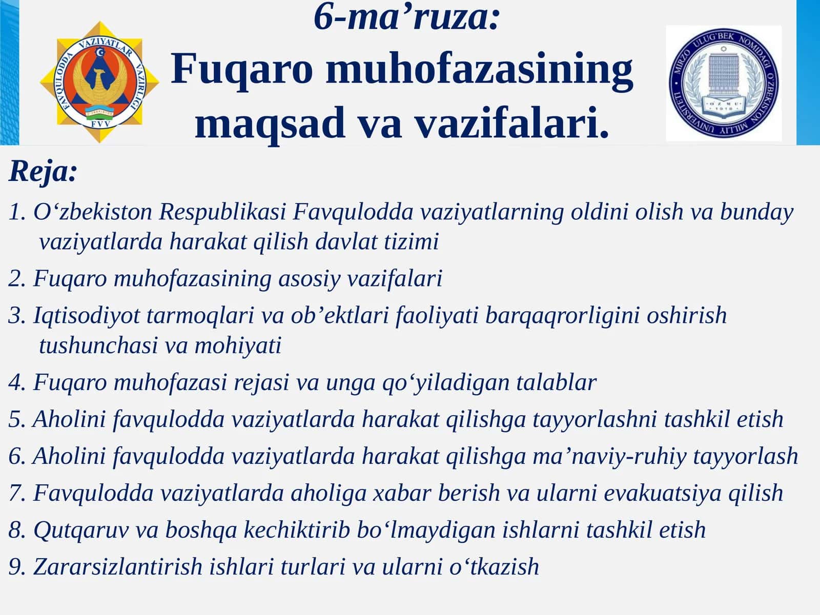 O‘zbekiston Respublikasi Favquloddavaziyatlarning Oldini Olish Vaziyatlarda Harakat Qilish Davlat Tizimi