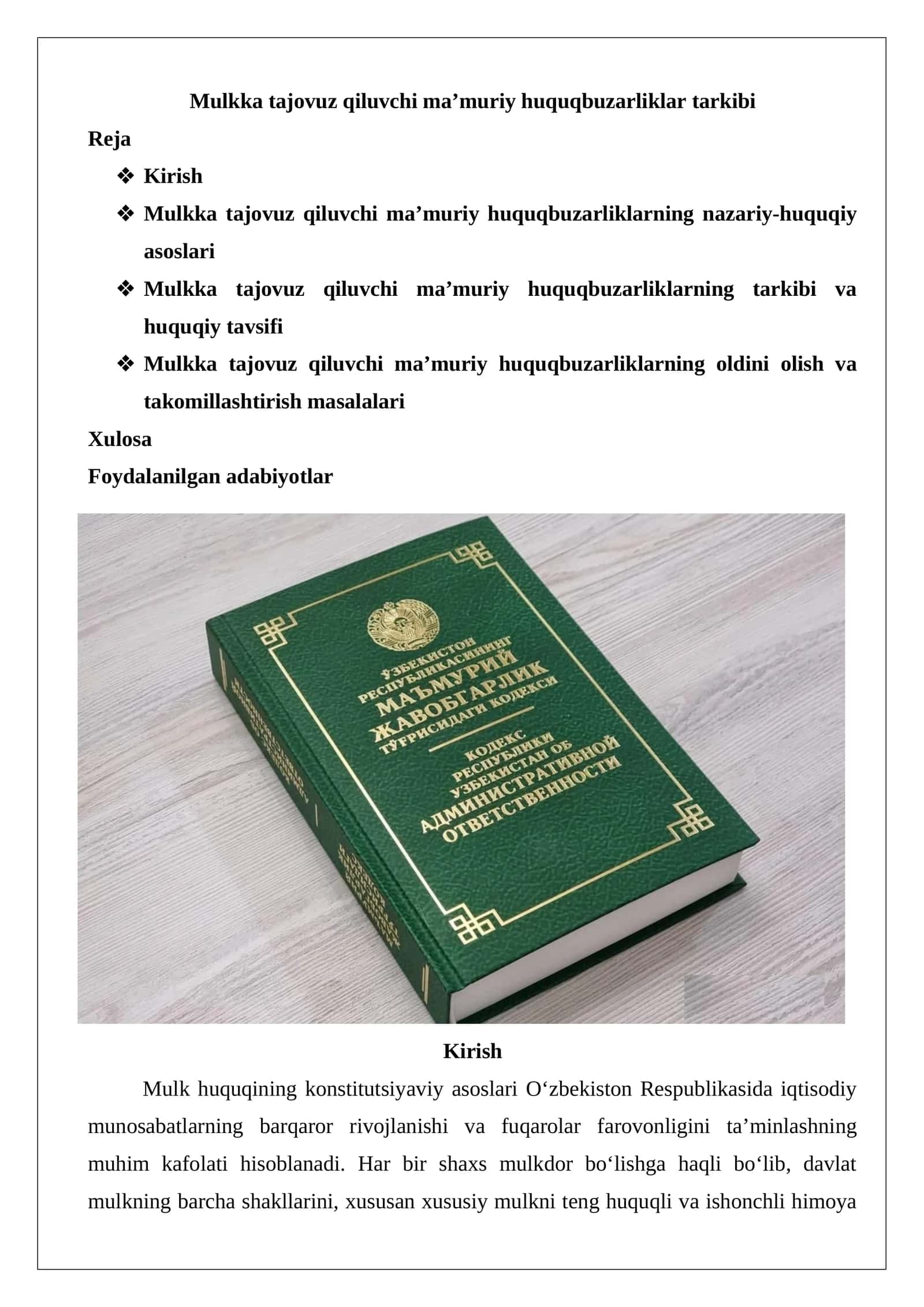 Mulkka tajovuz qiluvchi ma’muriy huquqbuzarliklar tarkibi