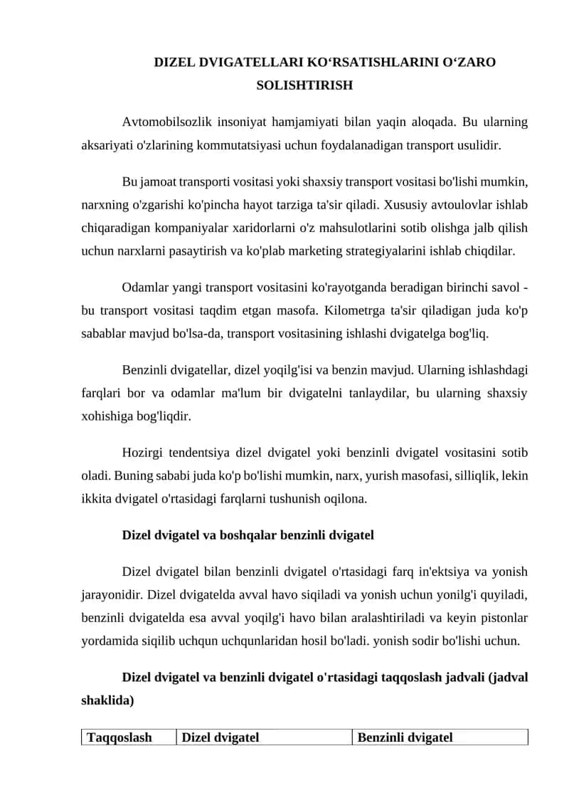 Dizel va benzinli dvigatellar