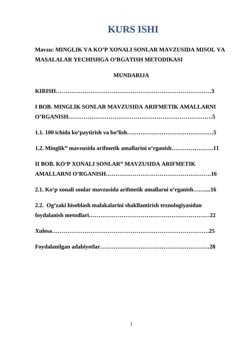 MINGLIK VA KO’P XONALI SONLAR MAVZUSIDA MISOL VA MASALALAR YECHISHGA O’RGATISH METODIKASIasi