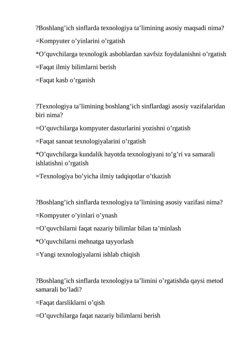 Boshlang’ich sinflarda texnologiya ta’limi