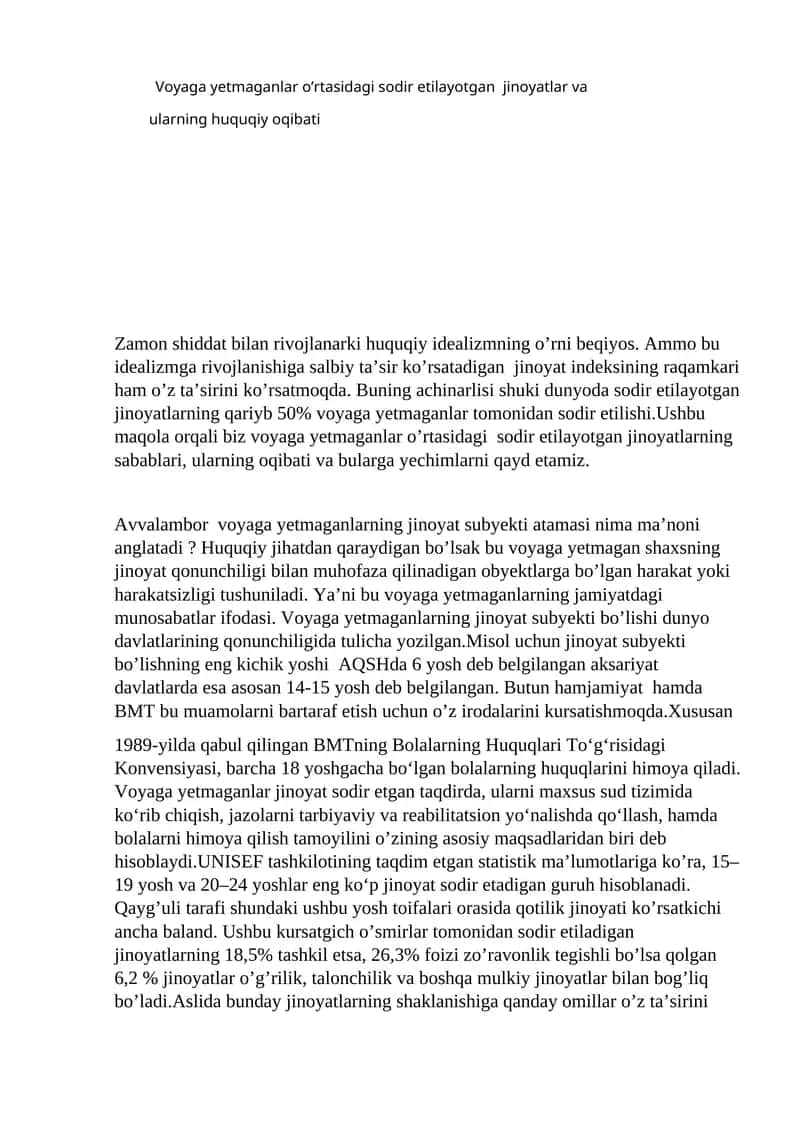 Voyaga yetmaganlar o’rtasidagi sodir etilayotgan jinoyatlar va ularning huquqiy oqibati