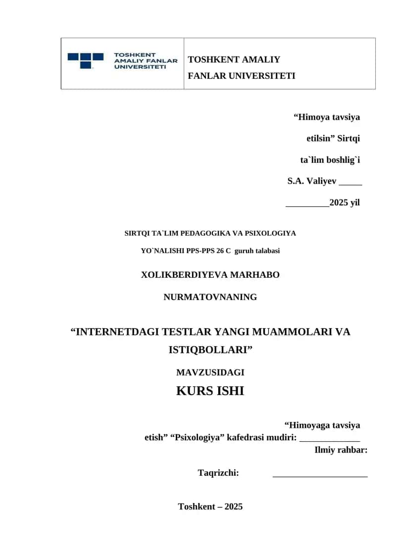 "INTERNETDAGI TESTLAR YANGI MUAMMOLARI VA ISTIQBOLLARI"
