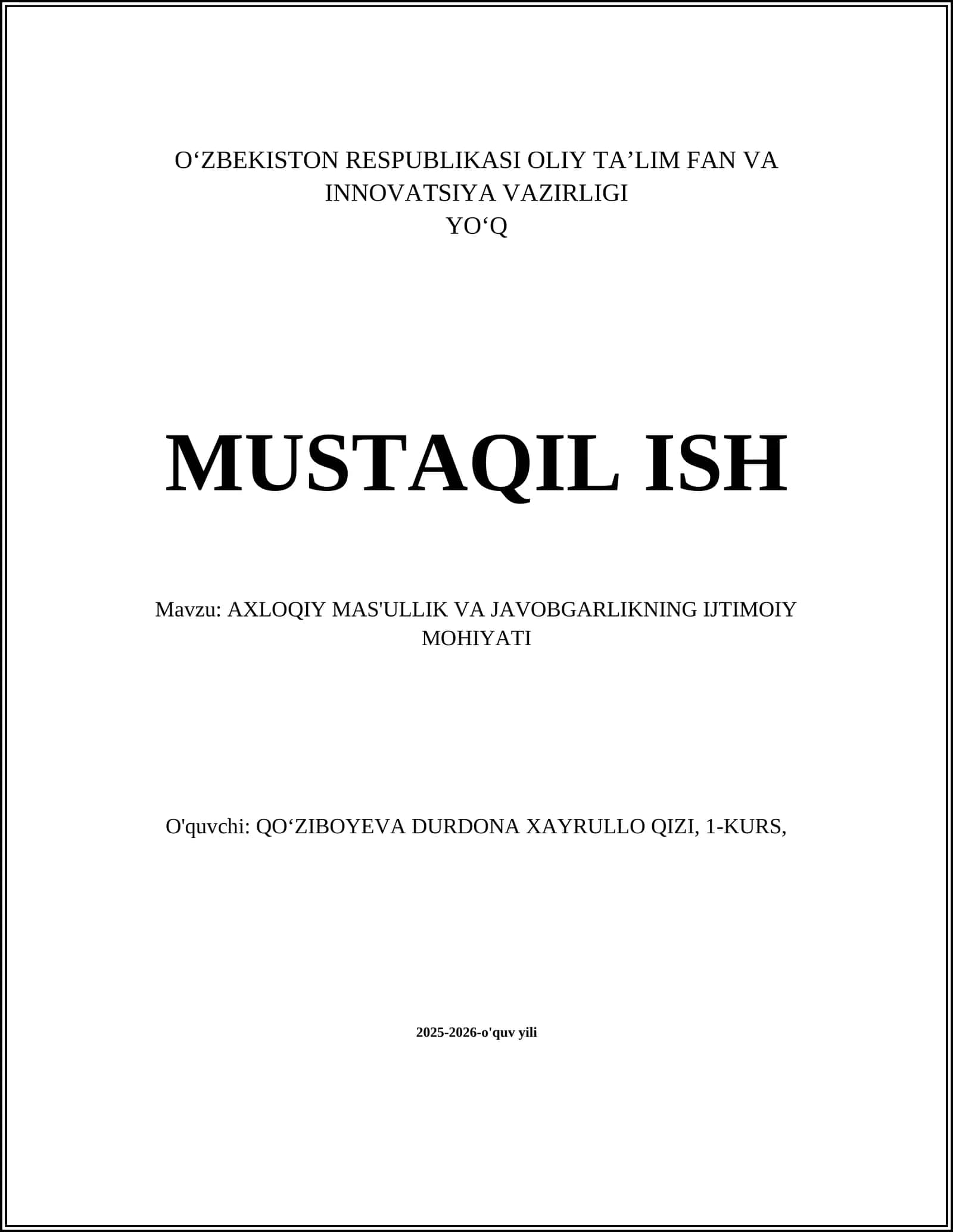 AXLOQIY MAS'ULLIK VA JAVOBGARLIKNING IJTIMOIY MOHIYATI
