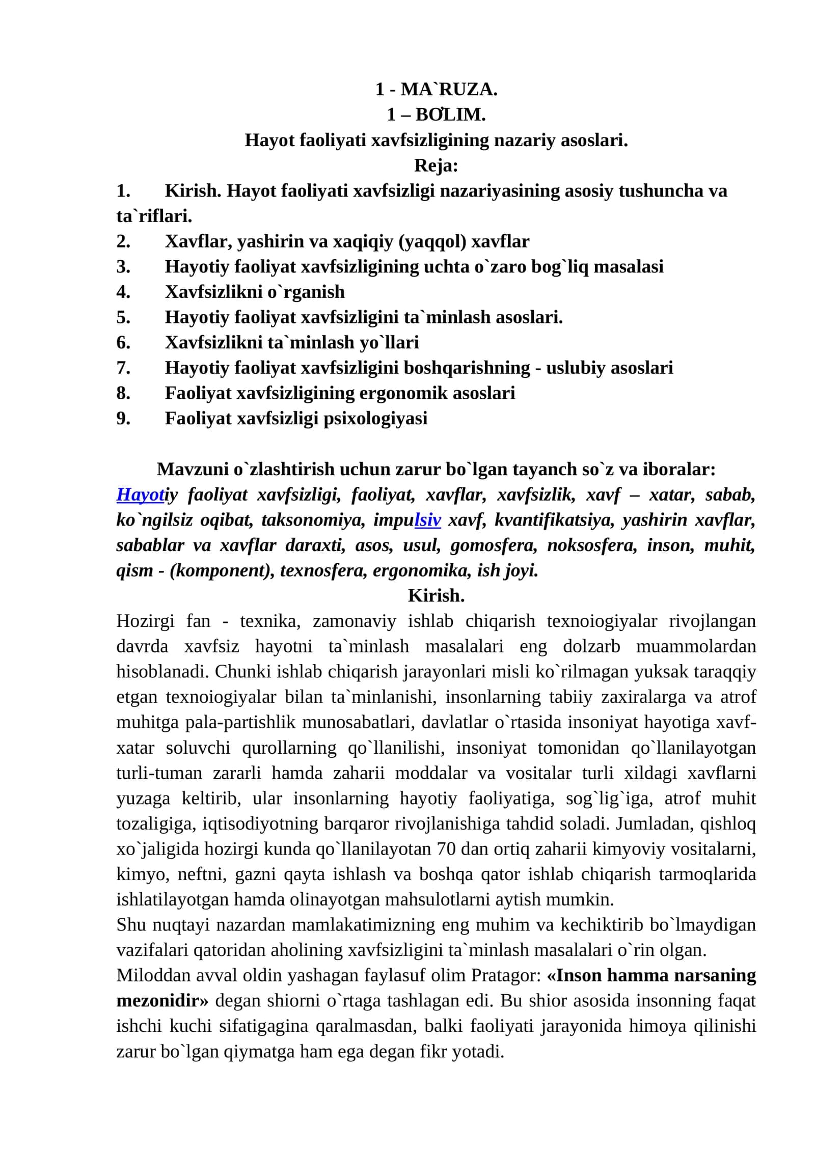 Hayot faoliyati xavfsizligining nazariy asoslari