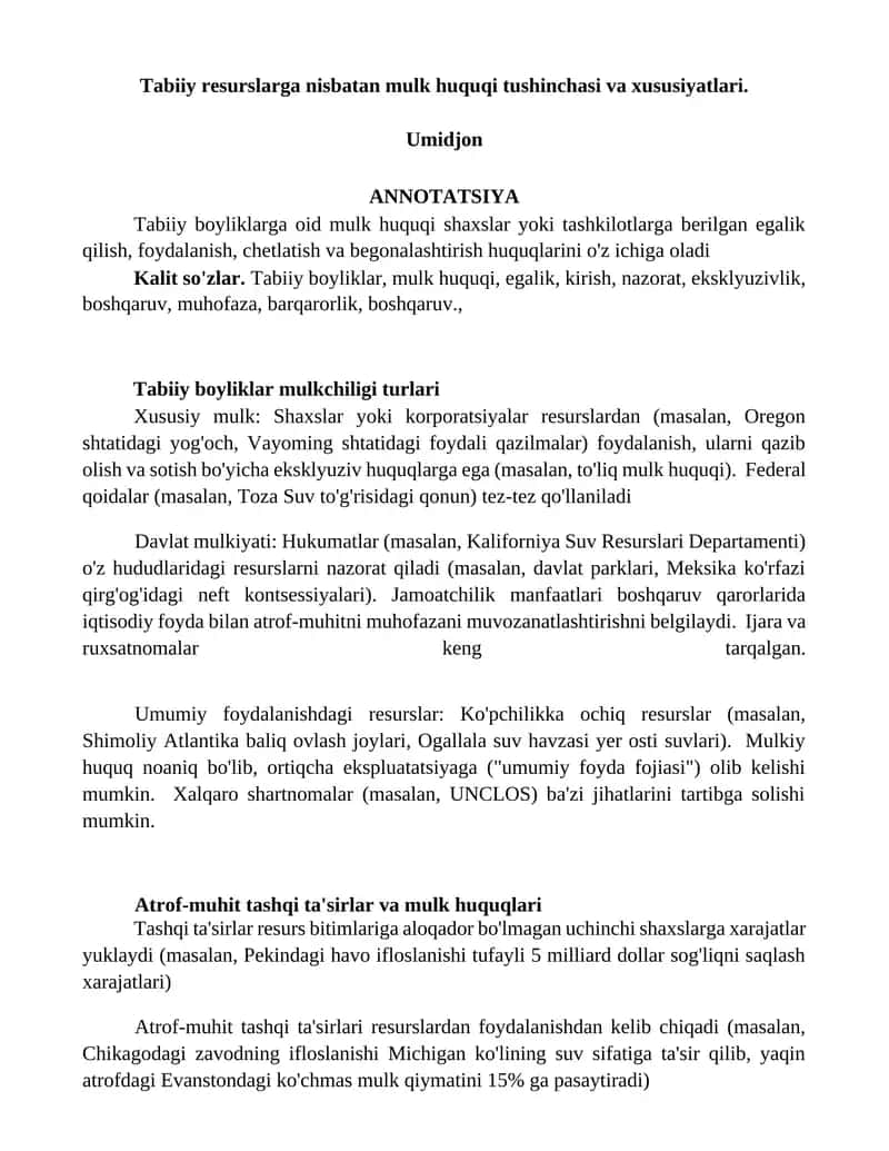 Tabiiy resurslarga nisbatan mulk huquqi tushinchasi va xususiyatlari