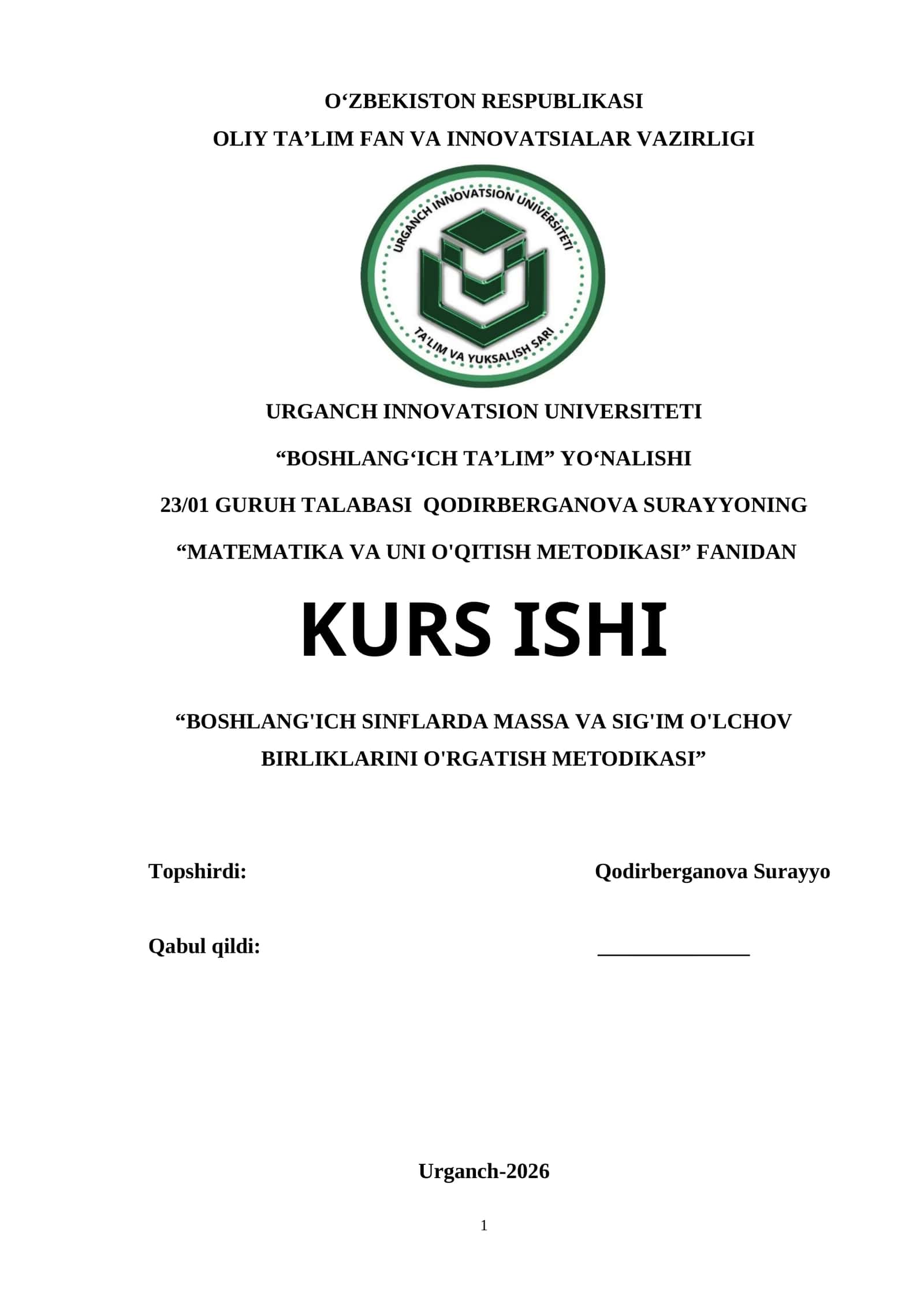 BOSHLANG‘ICH SINFLARDA MASSA VA SIG'IM O'LCHOV BIRLIKLARINI O'RGATISH METODIKASI