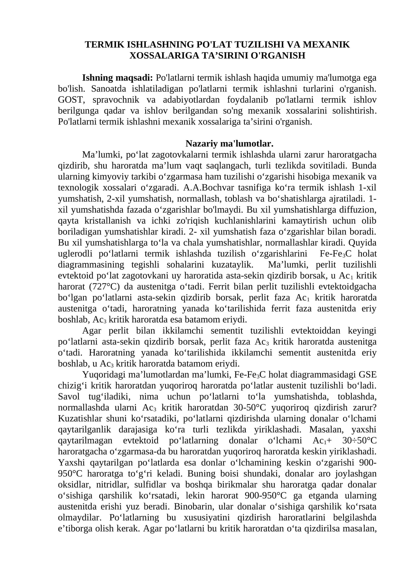 Po'latlarni Termik Ishlashning Mexanik Xossalari