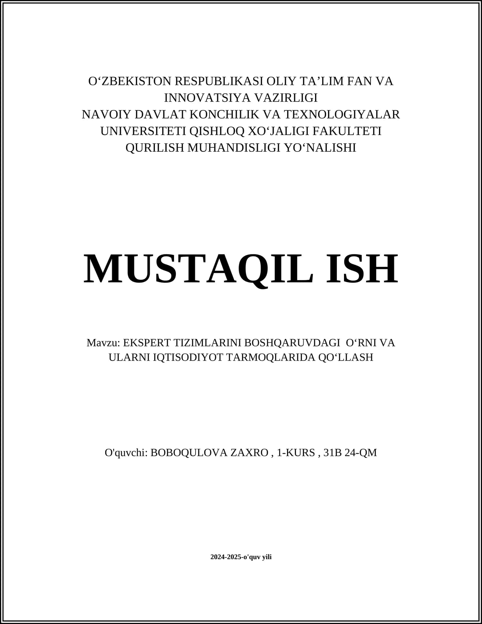 EKSPERT TIZIMLARINI BOSHQARUVDAGI OʻRNI VA ULARNI IQTISODIYOT TARMOQLARIDA QOʻLLASH
