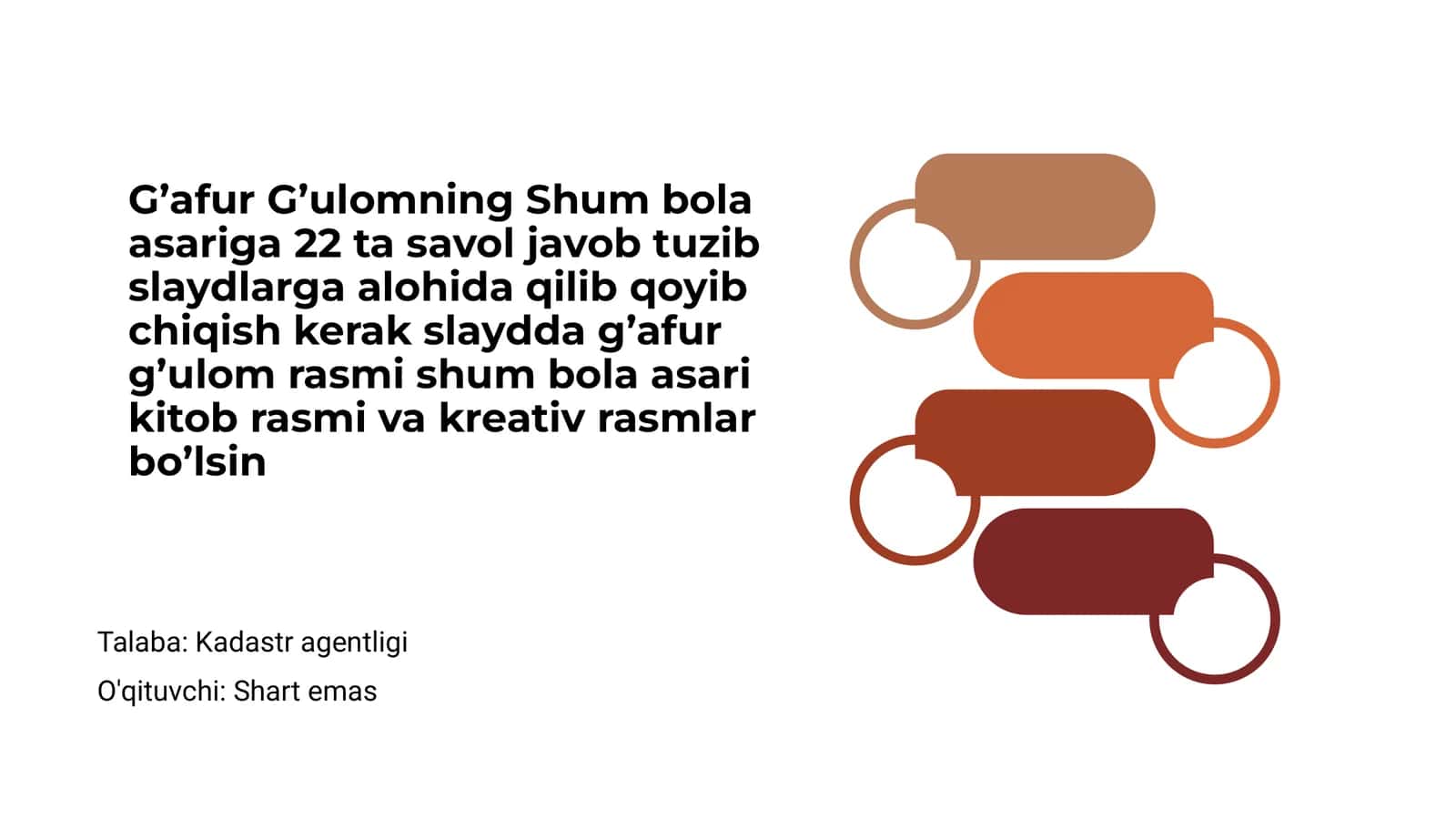 G’afur G’ulomning Shum bola asariga 22 ta savol javob tuzib