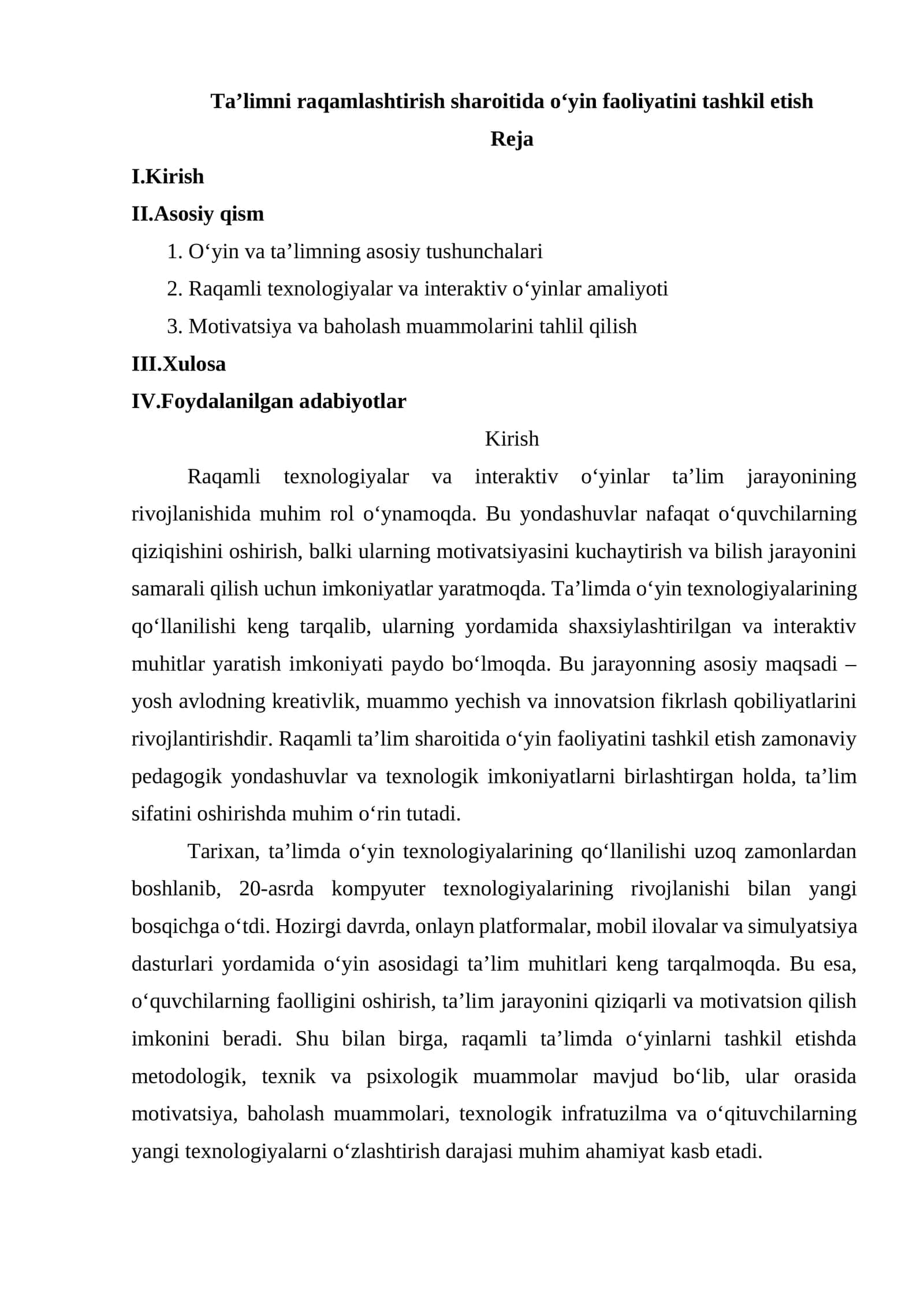 Ta’limni raqamlashtirish sharoitida o‘yin faoliyatini tashkil etish