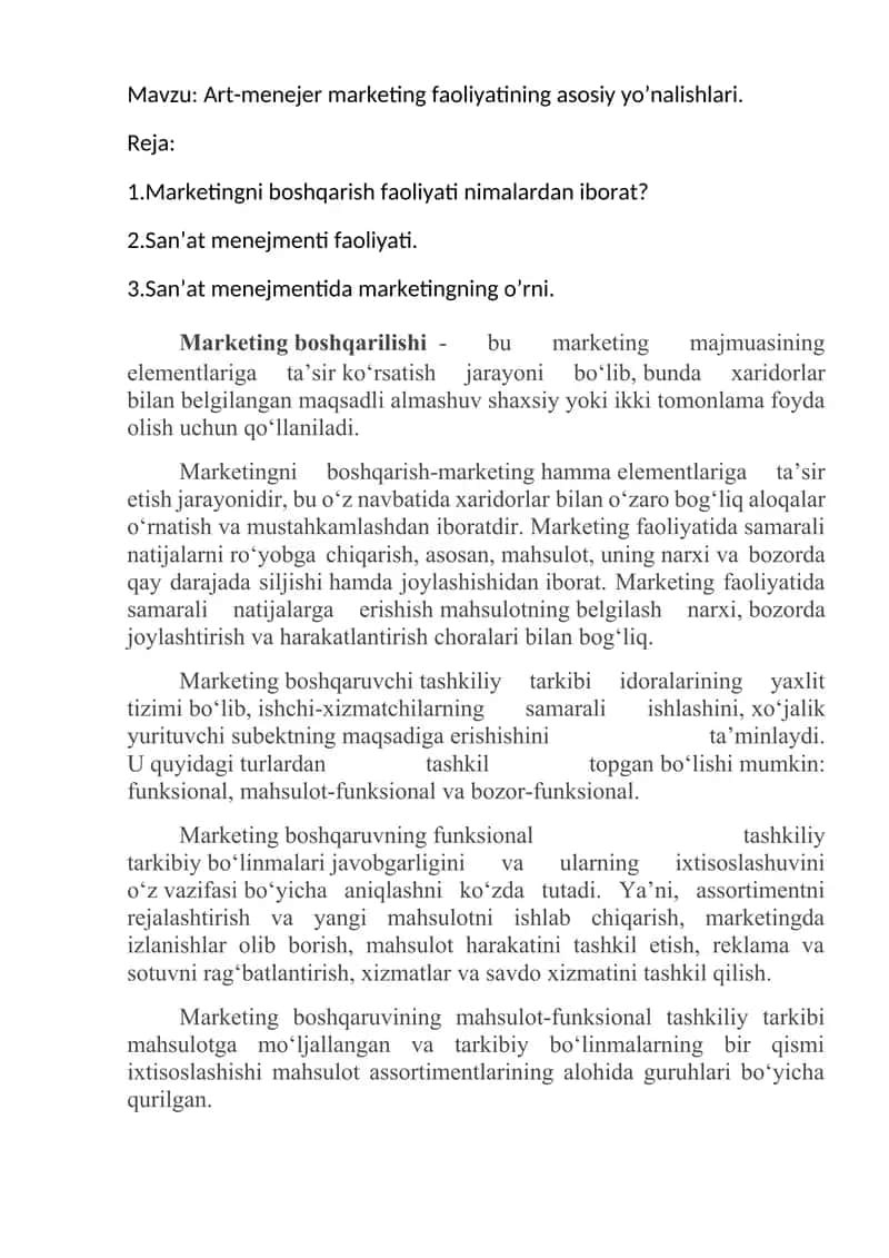 Art-menejer marketing faoliyatining asosiy yo’nalishlari.