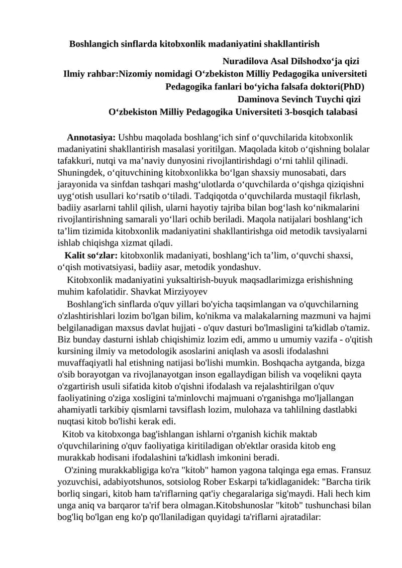 Kitobxonlik Madaniyatini Shakllantirish