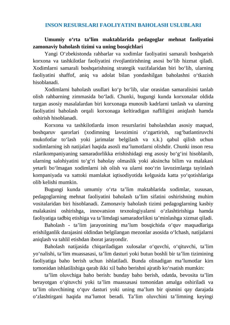 Inson Resurslari Faoliyatini Baholash Uslublari