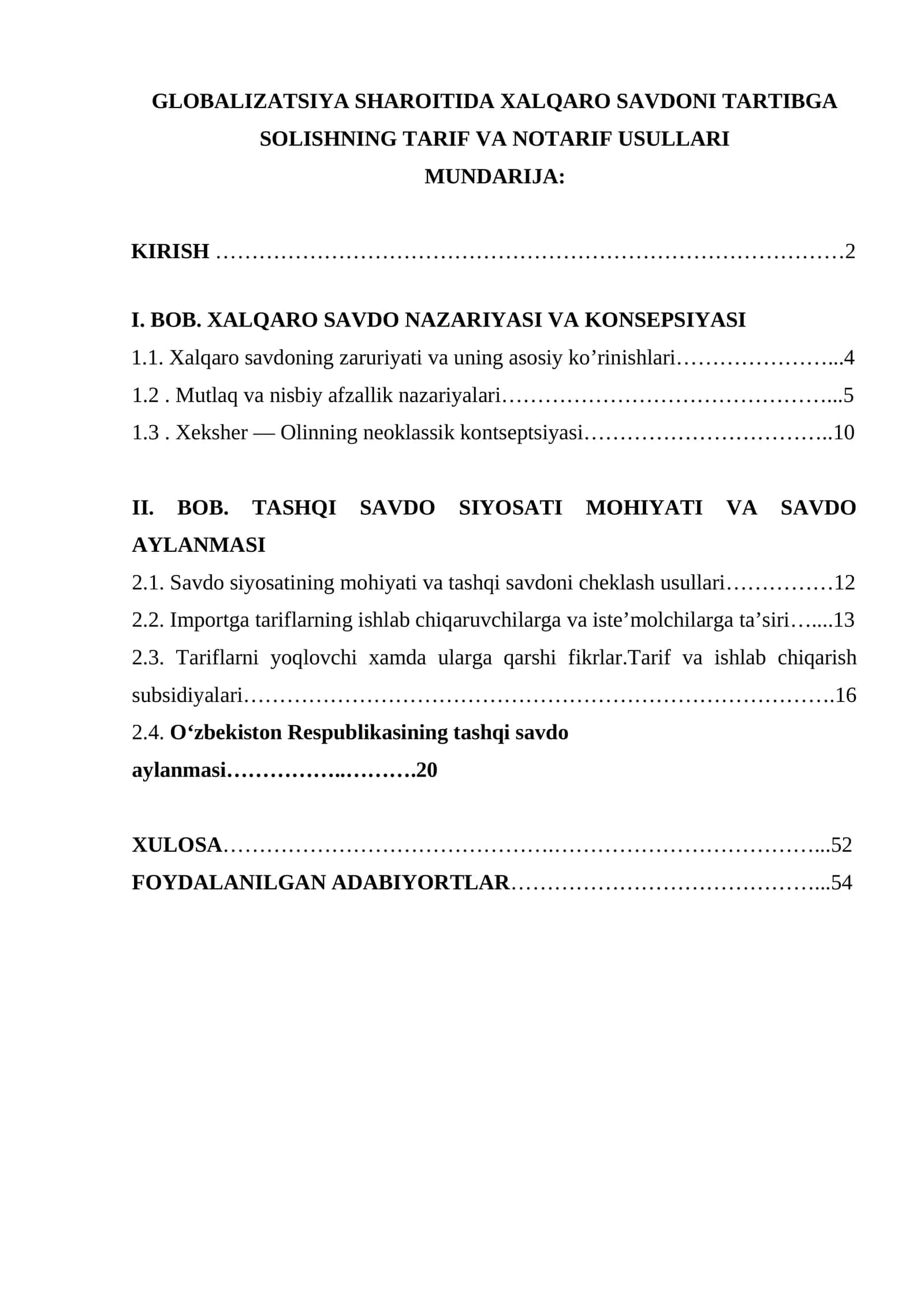 GLOBALIZATSIYA SHAROITIDA XALQARO SAVDONI TARTIBGA SOLISHNING TARIF VA NOTARIF USULLARI