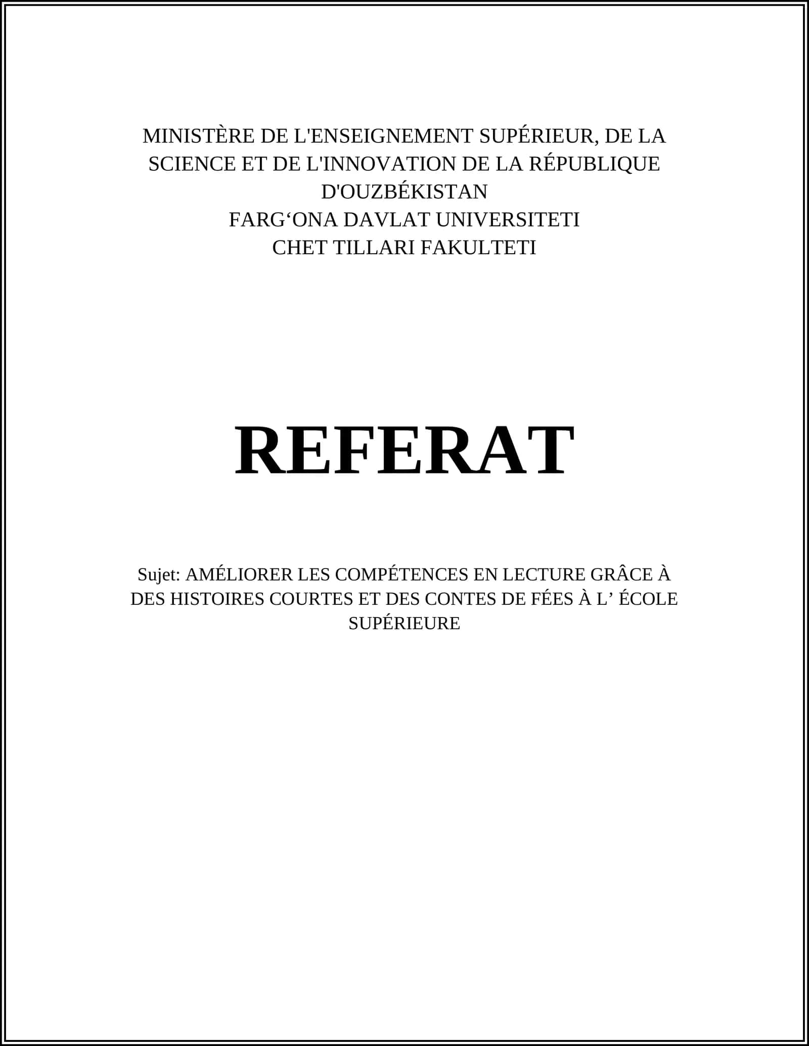 AMÉLIORER LES COMPÉTENCES EN LECTURE GRÂCE À DES HISTOIRES COURTES ET DES CONTES DE FÉES À L’ ÉCOLE SUPÉRIEURE