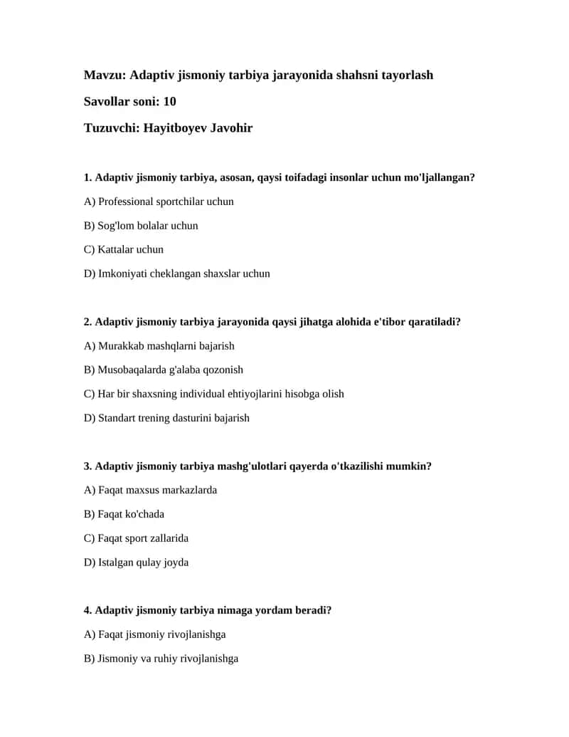 Adaptiv jismoniy tarbiya jarayonida shahsni tayorlash