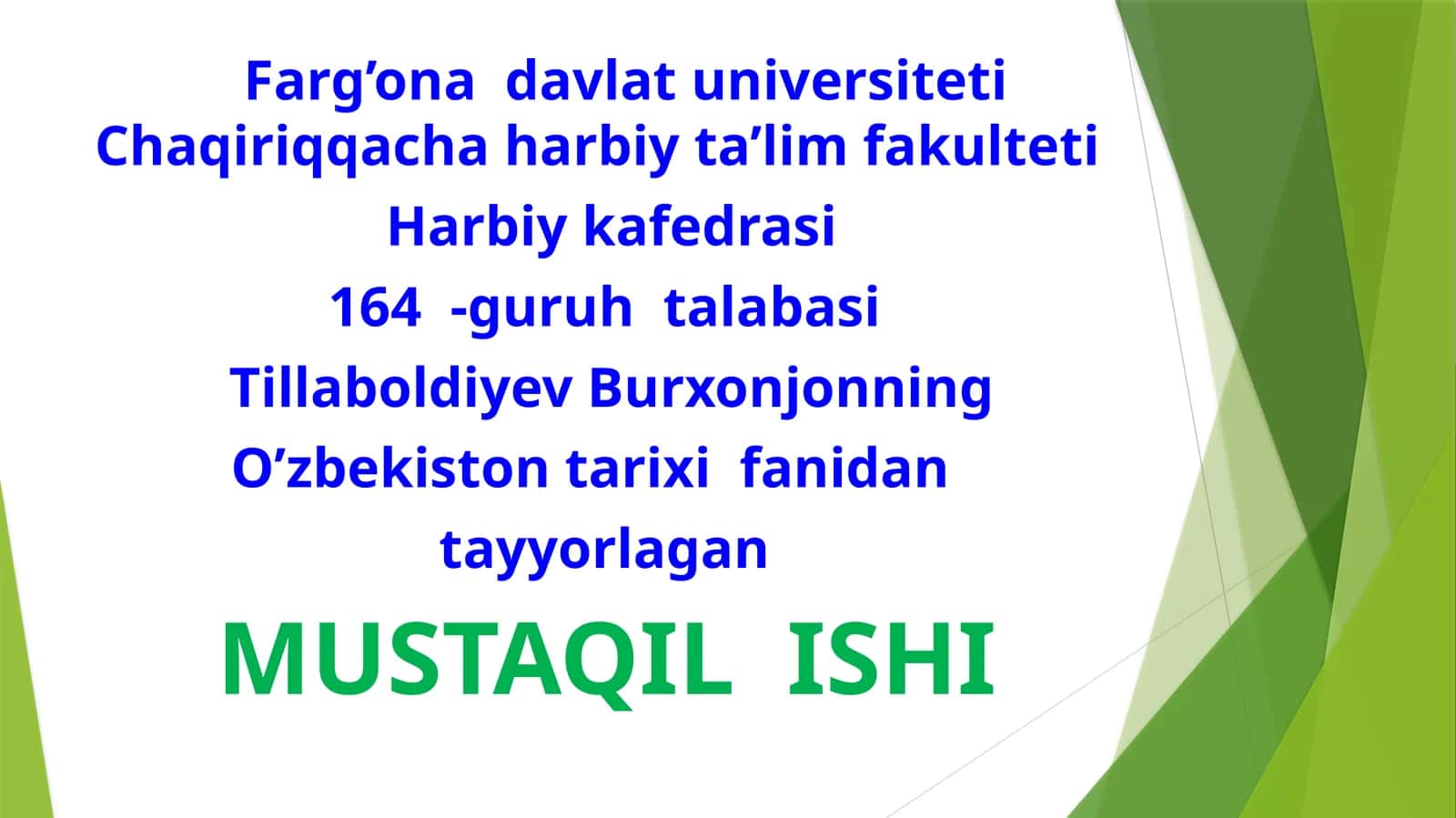 O'zbekiston tarixi fanidan tayyorlagan mustaqil ish