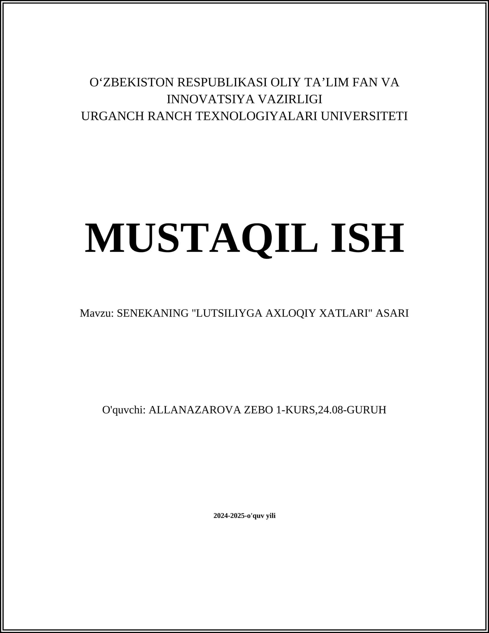SENEKANING "LUTSILIYGA AXLOQIY XATLARI" ASARI