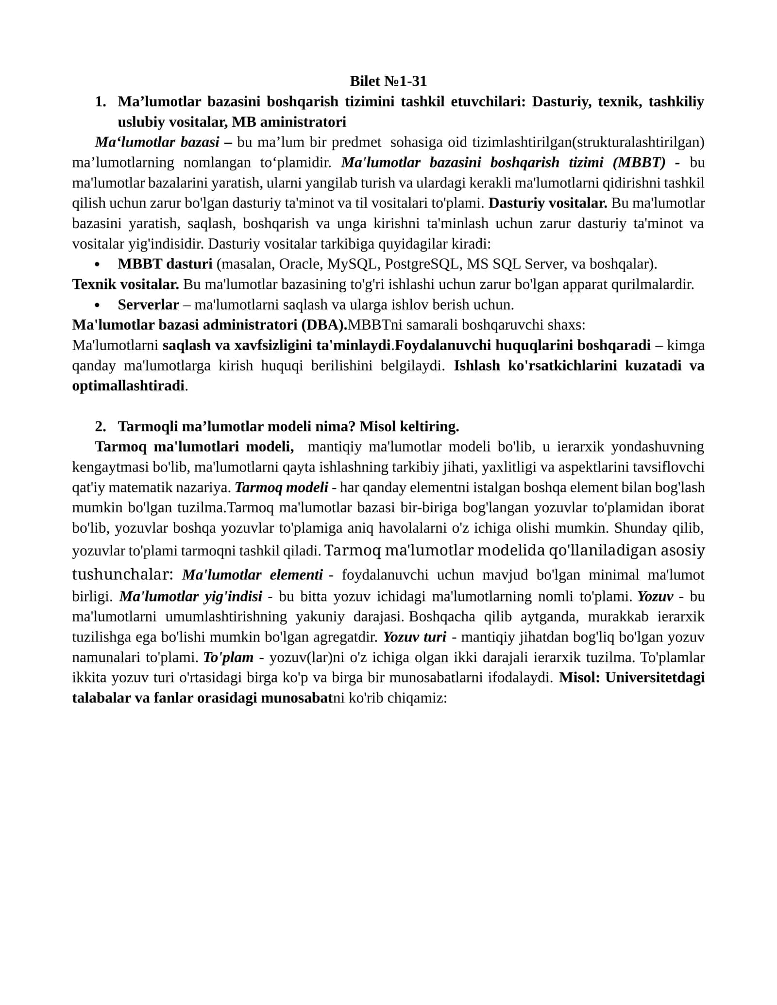 Ma’lumotlar bazasini boshqarish tizimi (MBBT)