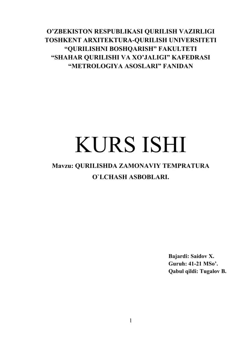 QURILISHDA ZAMONAVIY TEMPRATURA O`LCHASH ASBOBLARI