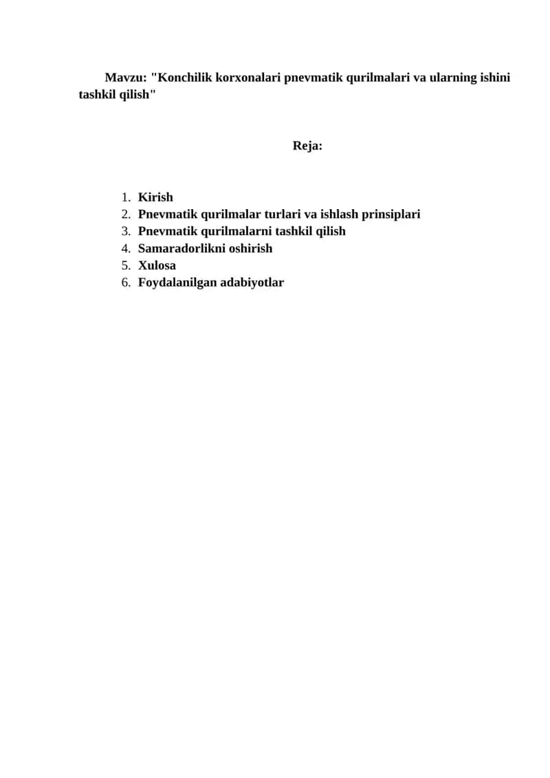Konchilik korxonalari pnevmatik qurilmalari va ularning ishini tashkil qilish