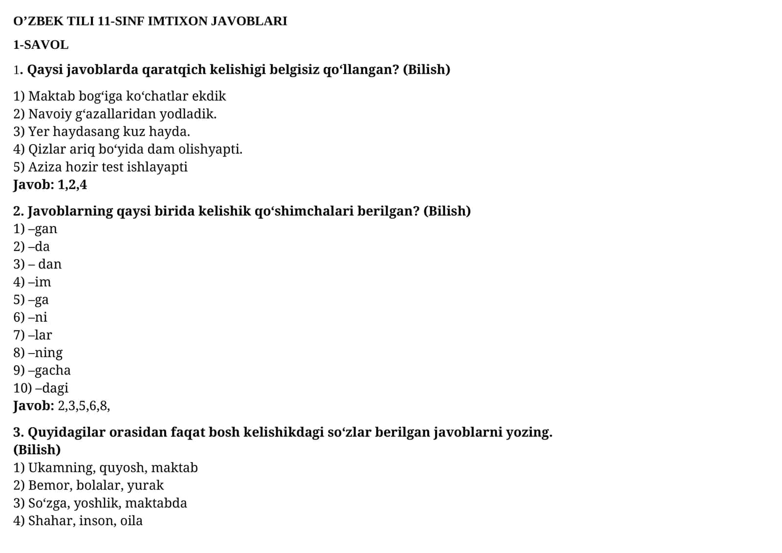 O’ZBEK TILI 11-SINF IMTIXON JAVOBLARI