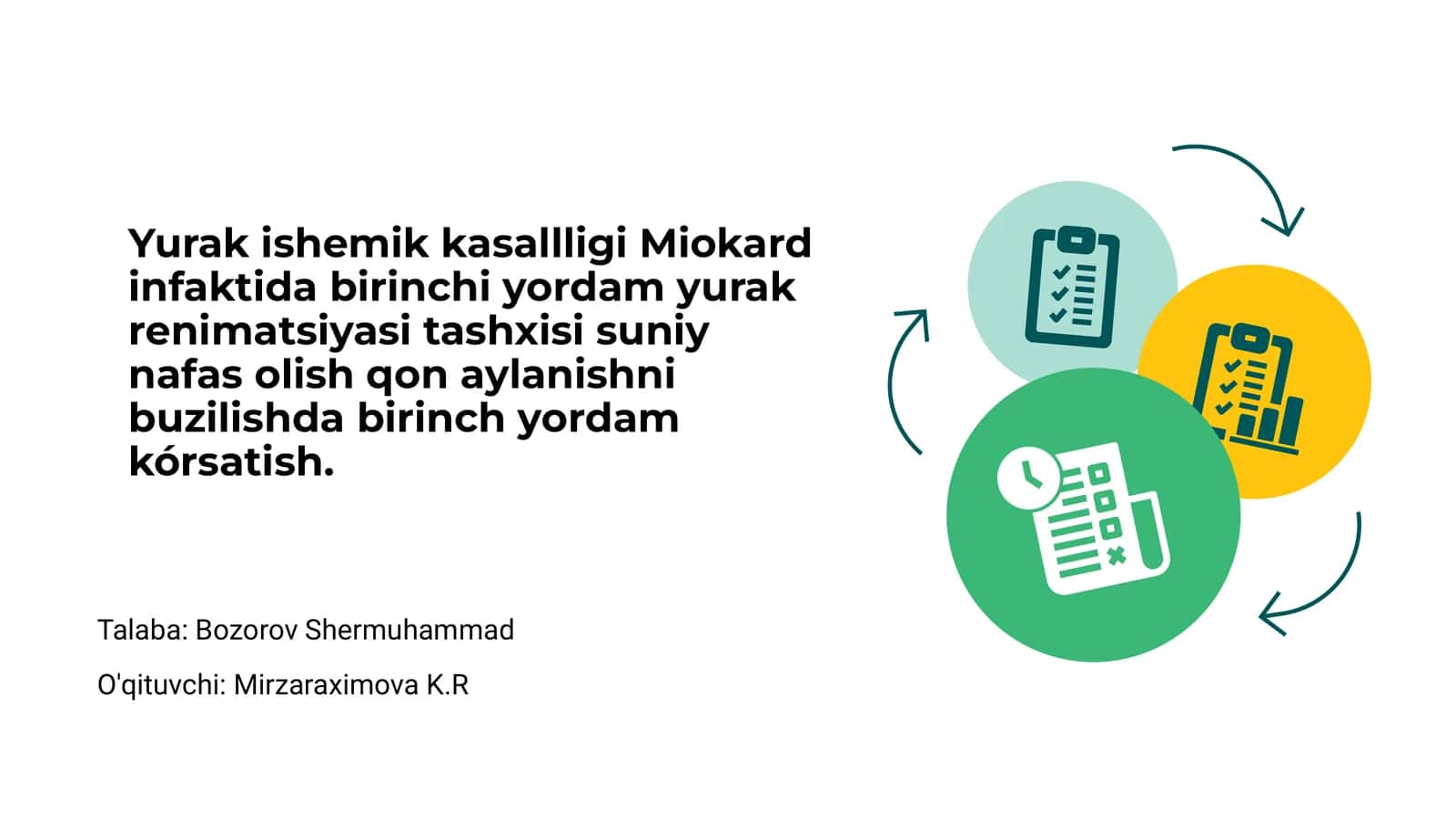 Yurak ishemik kasallligi va miokard infarktida birinchi yordam