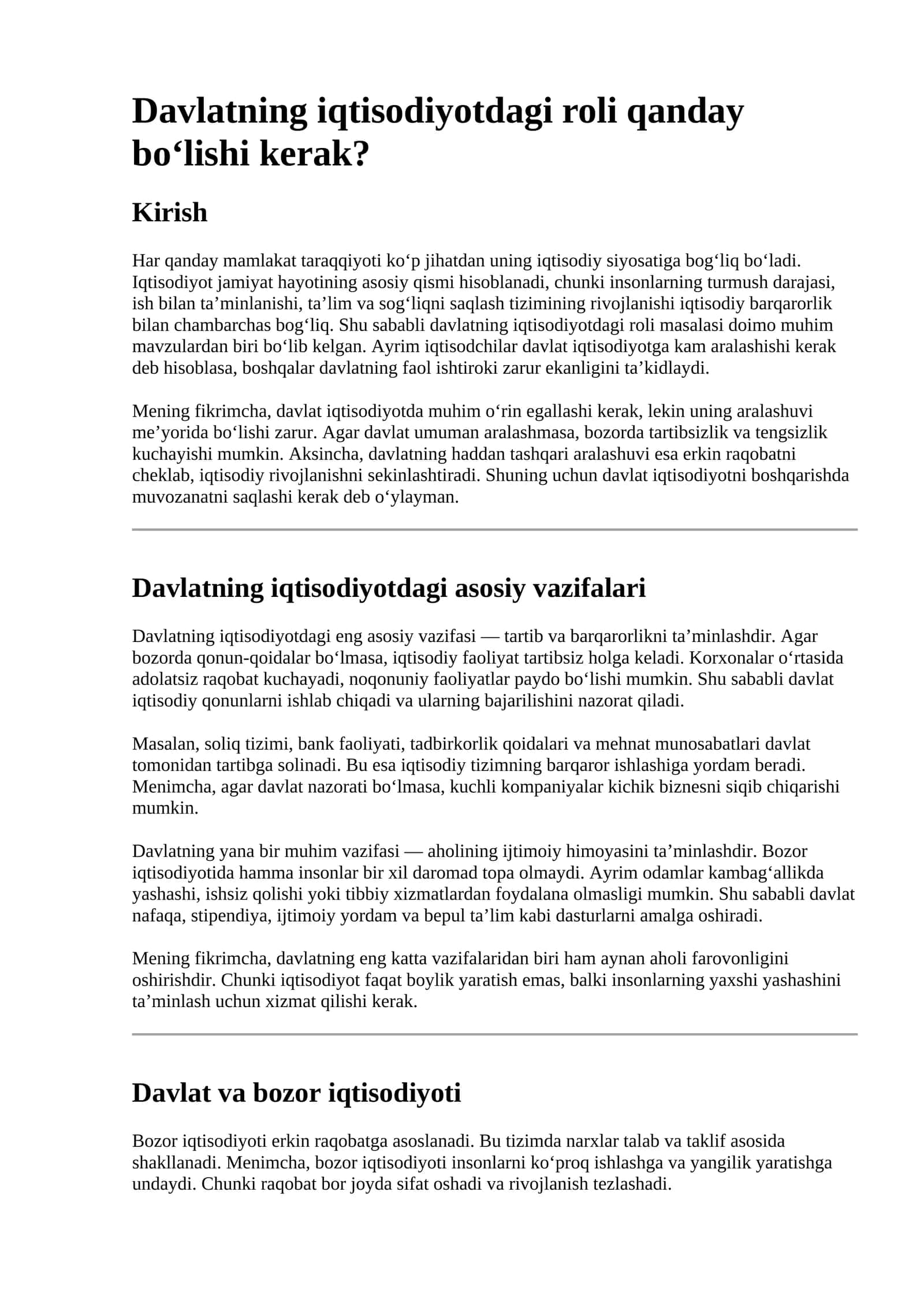 Davlatning iqtisodiyotdagi roli qanday bo‘lishi kerak?