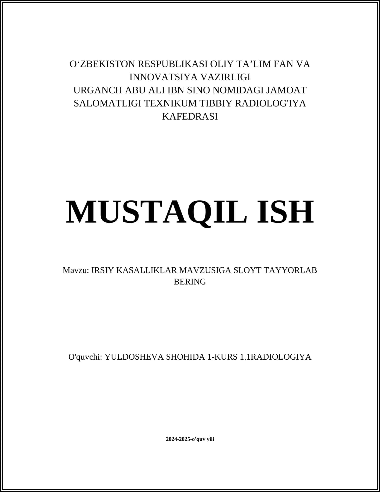 IRSIY KASALLIKLAR MAVZUSIGA SLOYT TAYYORLAB BERING