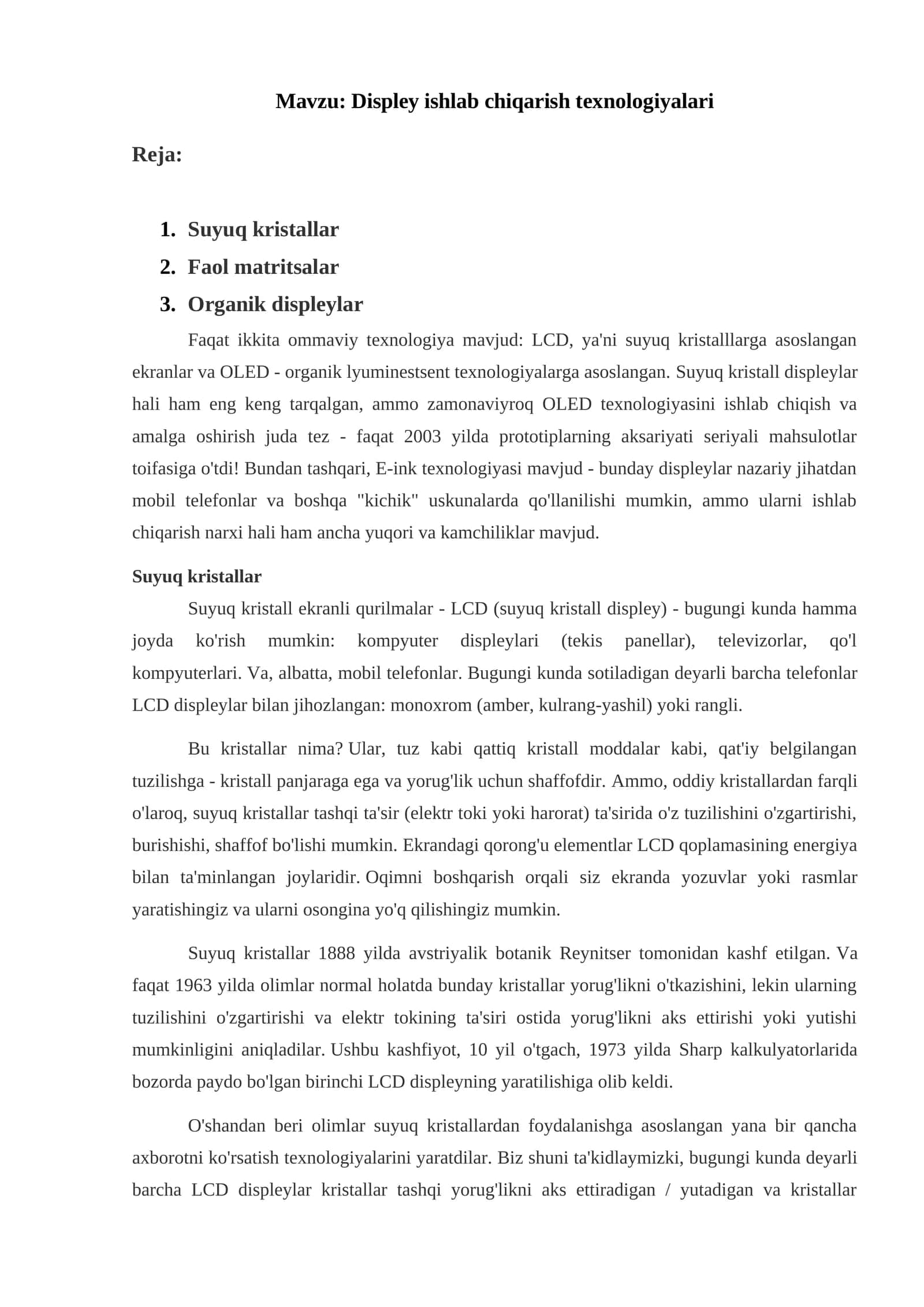 Displey ishlab chiqarish texnologiyalari