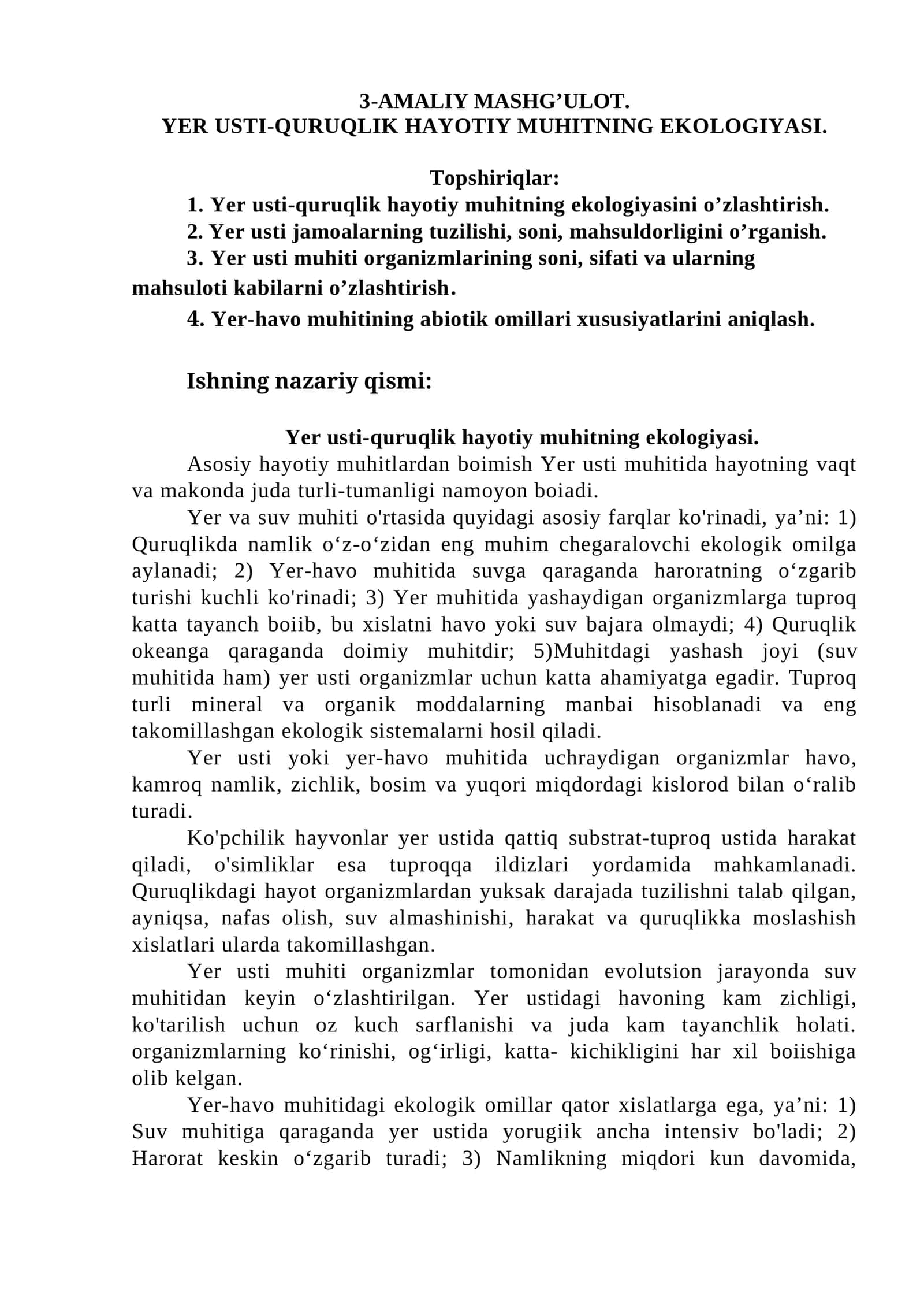 Yer usti-quruqlik hayotiy muhitning ekologiyasi