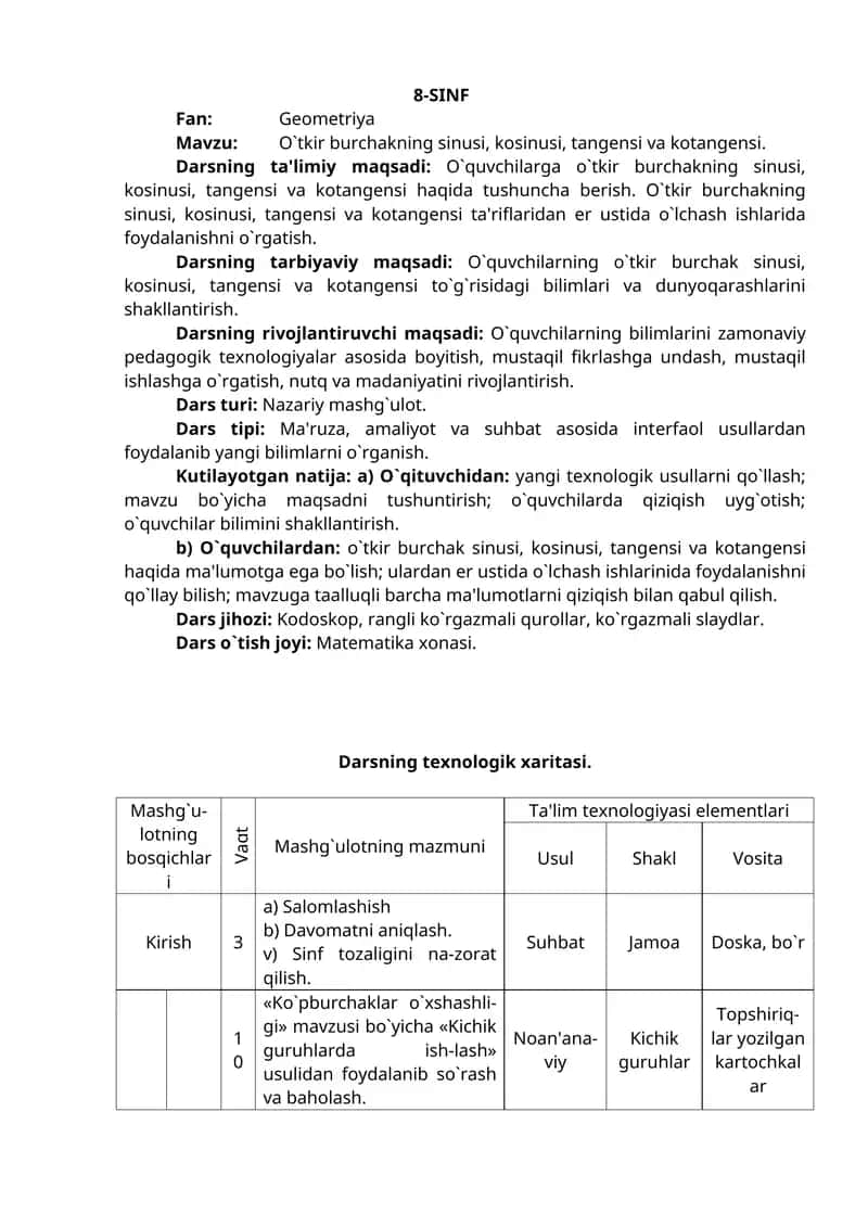 O`tkir burchakning sinusi, kosinusi, tangеnsi va kotangеnsi.