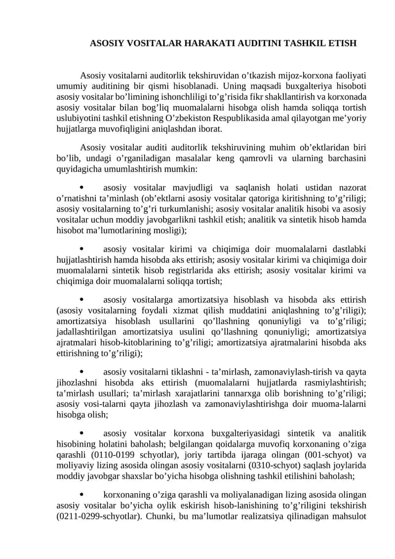 Asosiy vositalar harakati auditini tashkil etish