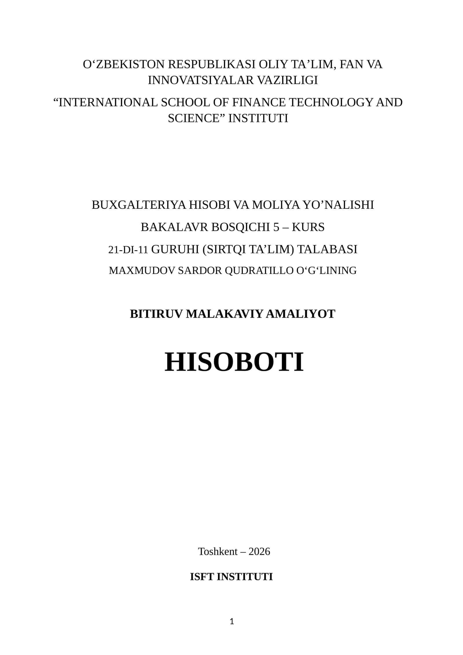QANDOLATCHILIKDA AMALIYOT OʻTAGANLAR UCHUN.BITIRUV MALAKAVIY AMALIYOT HISOBOTI