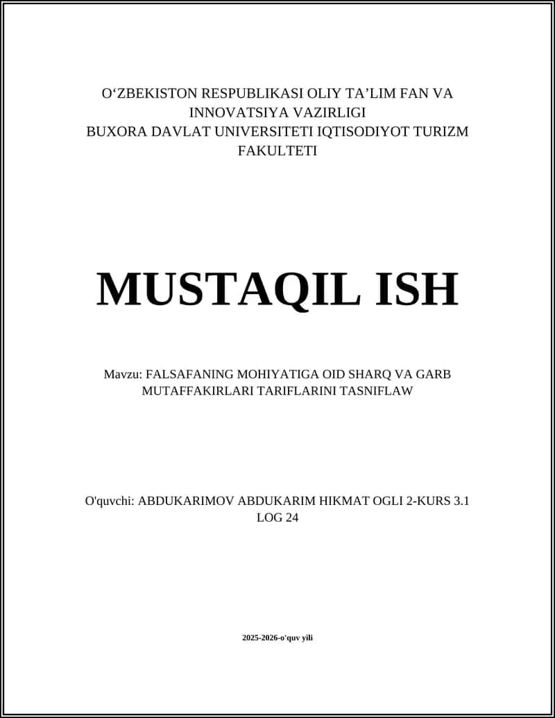 FALSAFANING MOHIYATIGA OID SHARQ VA GARB MUTAFFAKIRLARI TARIFLAW