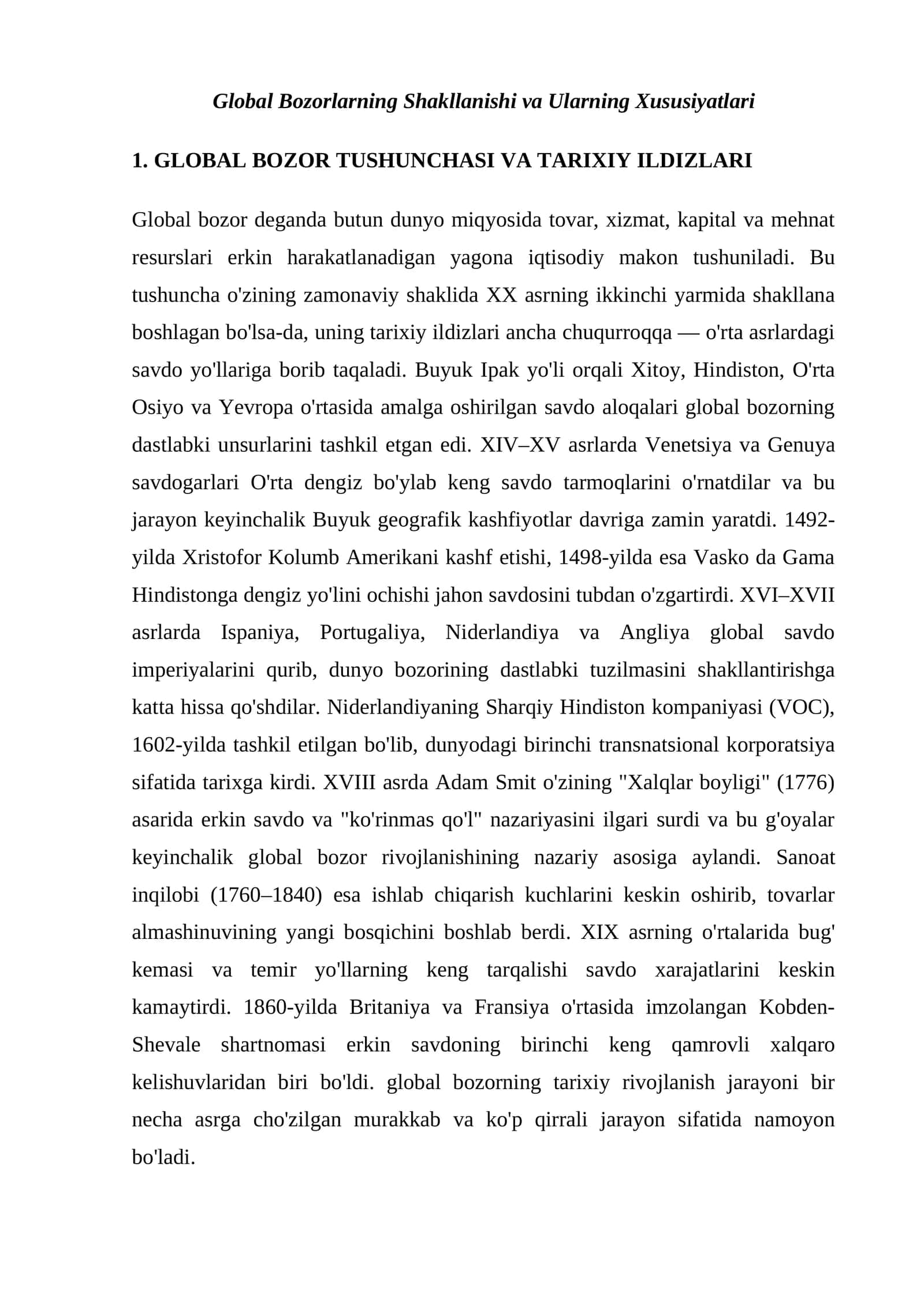 Global Bozorlarning Shakllanishi va Ularning Xususiyatlari foydalanissh uchun asos