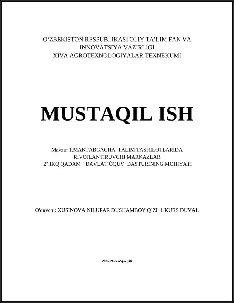 Davlat o‘quv dasturining ta'rifi va maktabgacha ta'limdagi roli