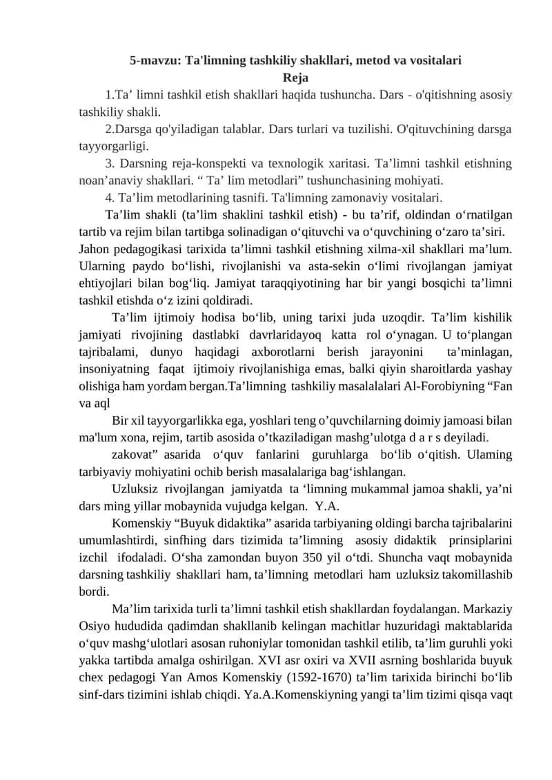 Ta'limning tashkiliy shakllari, metod va vositalari