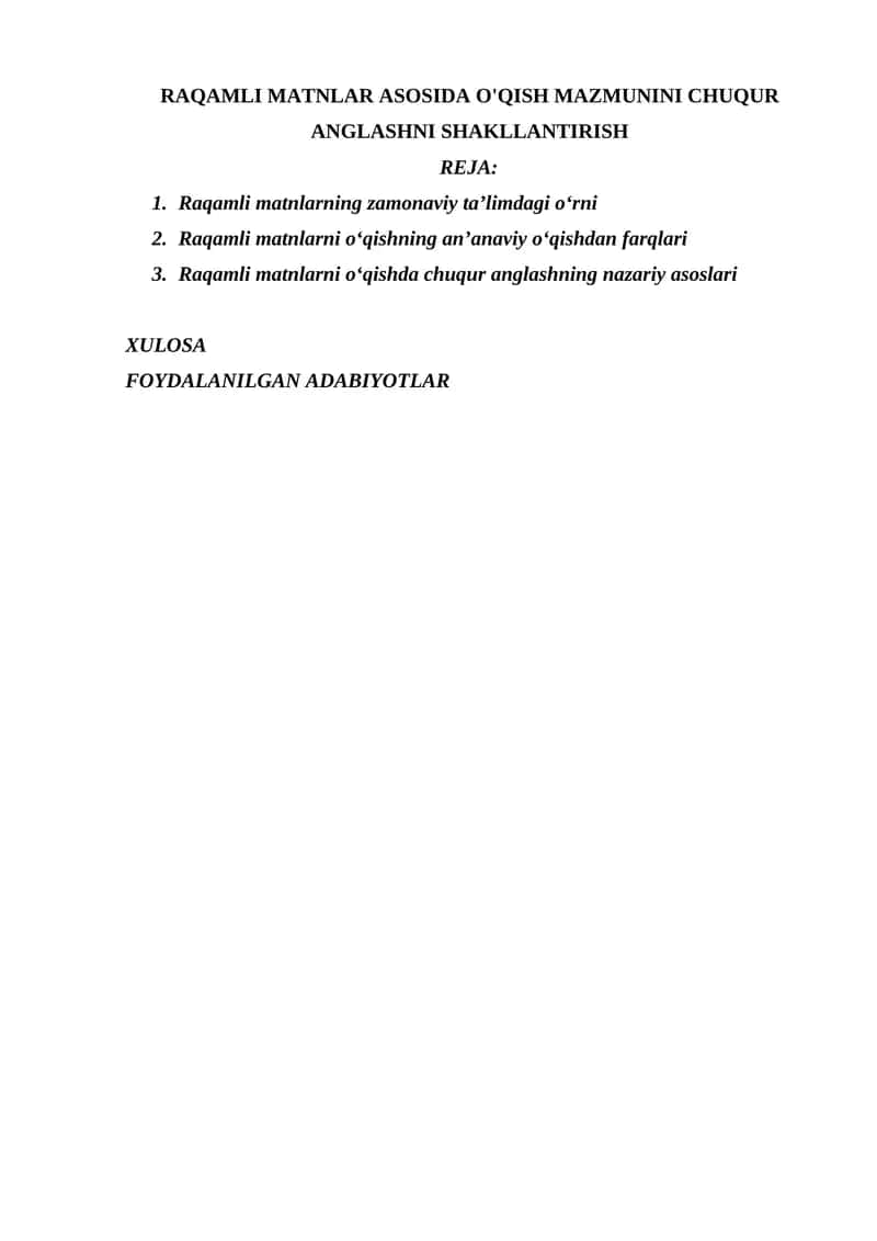RAQAMLI MATNLAR ASOSIDA O'QISH MAZMUNINI CHUQUR ANGLASHNI SHAKLLANTIRISH