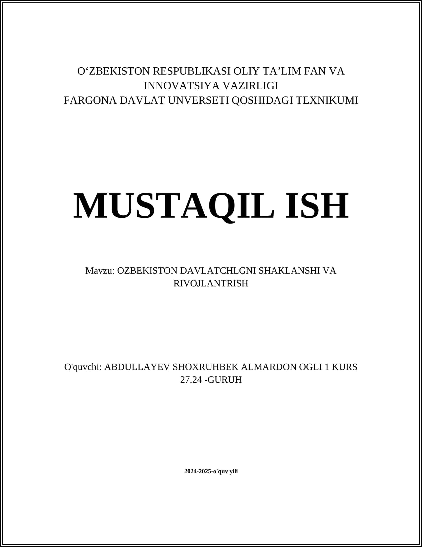 OZBEKISTON DAVLATCHLGNI SHAKLANSHI VA RIVOJLANTRISH